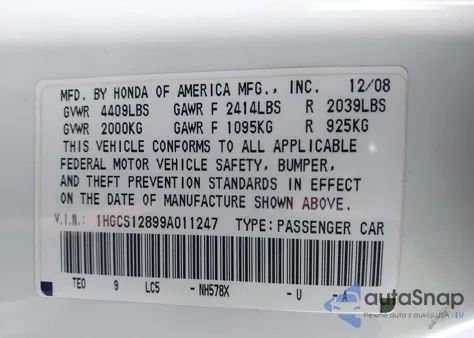 2009 Honda Accord 2.4 Ex-L z USA, uszkodzony, nr VIN 1HGCS12899A011247